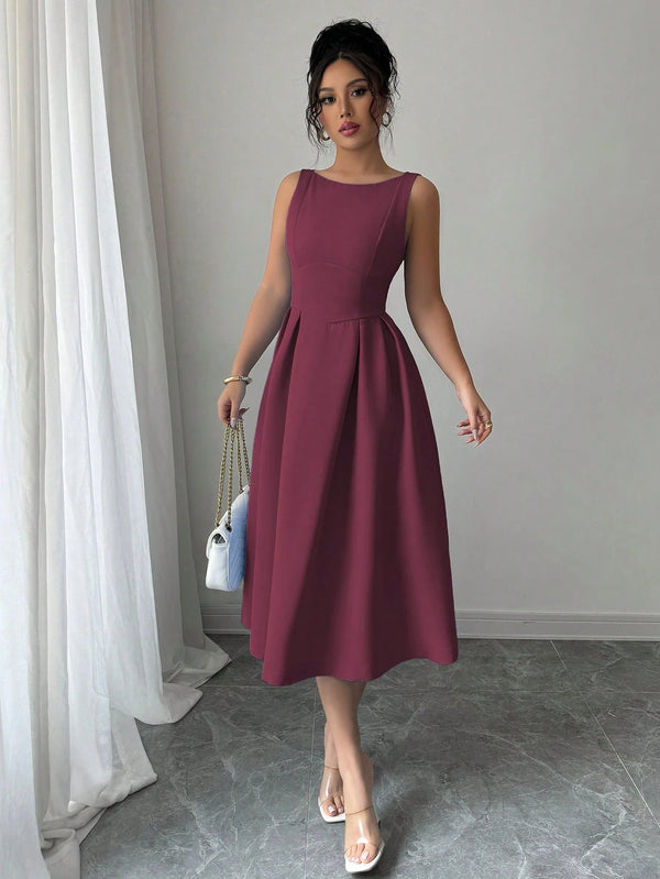 Vestido granate elegante midi completo frente