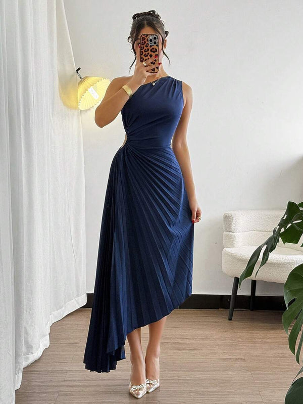 Vestido Asimétrico Plisado Azul Marino de Fiesta