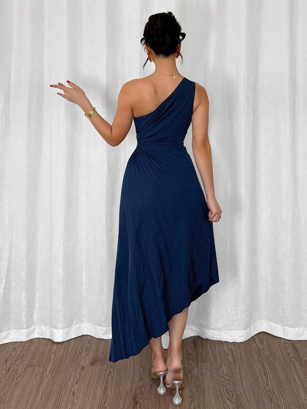 Vestido Asimétrico Plisado Azul Marino de Fiesta