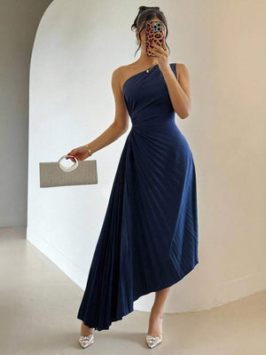 Vestido Asimétrico Plisado Azul Marino de Fiesta