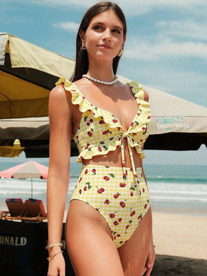 Bikini Con Volantes Amarillo Cuadros Con Estampado De Cerezas