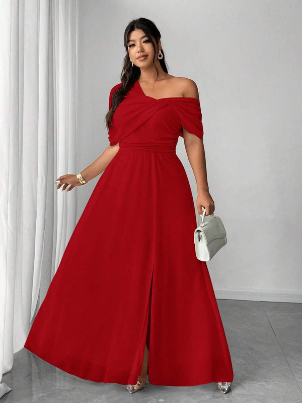 Vestido Largo Rojo Elegante Con Hombro Asimétrico