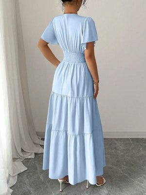 Vestido Largo Celeste Con Manga Volante Y Escote En V