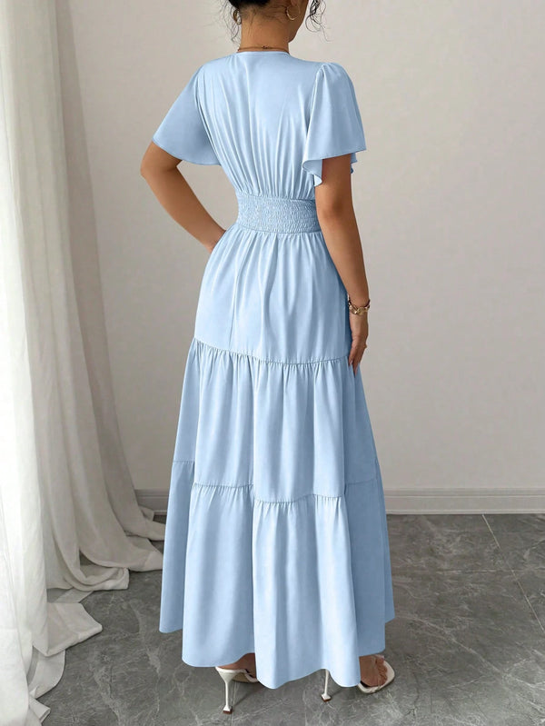 Vestido Largo Celeste Con Manga Volante Y Escote En V
