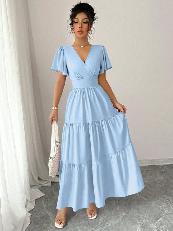 Vestido Largo Celeste Con Manga Volante Y Escote En V