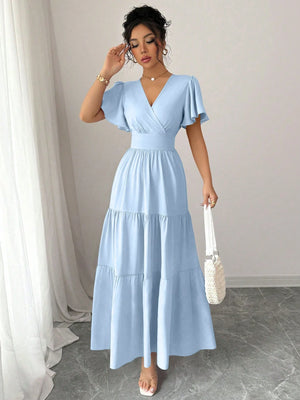 Vestido Largo Celeste Con Manga Volante Y Escote En V