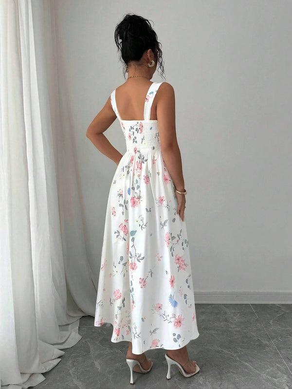 Vestido bohemio midi floral multicolor visto desde atrás