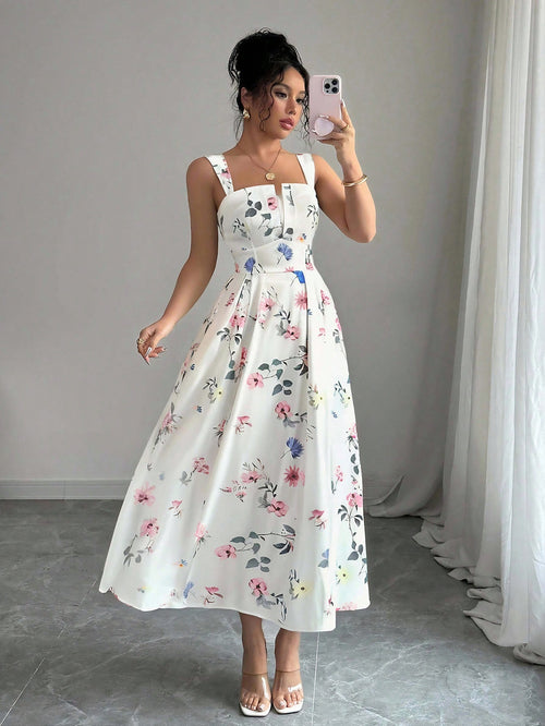 Mujer con vestido bohemio midi floral multicolor de frente