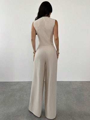 Conjunto Elegante De Chaleco y Pantalón Beige Claro