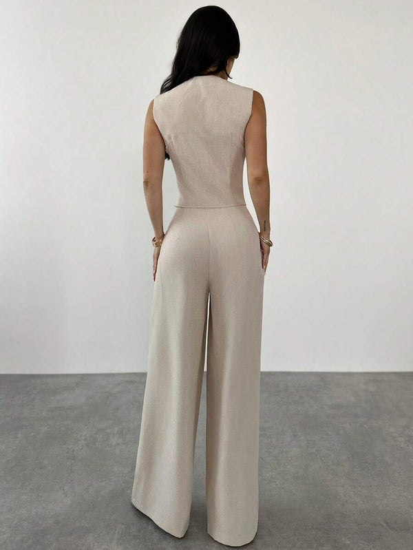 Conjunto Elegante De Chaleco y Pantalón Beige Claro