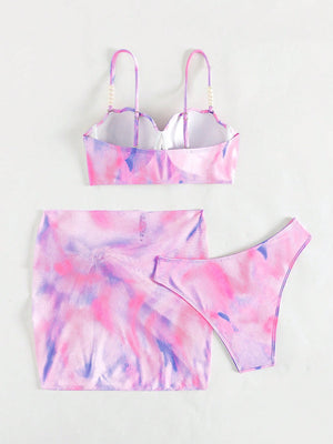Set de bikini multicolor de tres piezas extendido