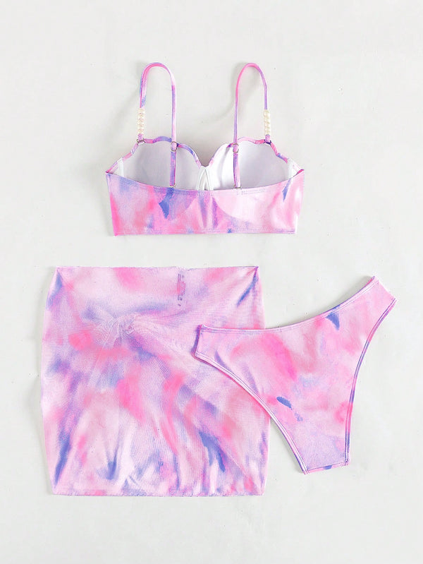 Set de bikini multicolor de tres piezas extendido