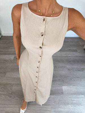 Vestido Midi Abotonado Beige Elegante Moderno