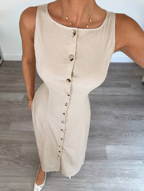 Vestido Midi Abotonado Beige Elegante Moderno