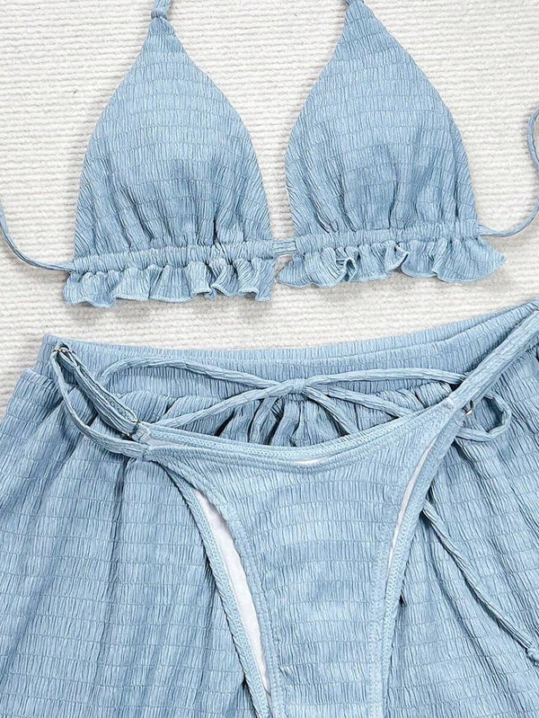 Conjunto Celeste Texturizado De Top Halter Y Short