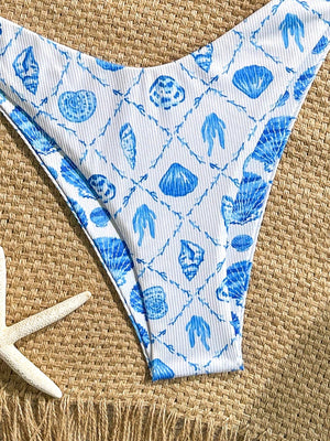 Bikini Triangular Con Estampado Marino Azul Y Corte Alto