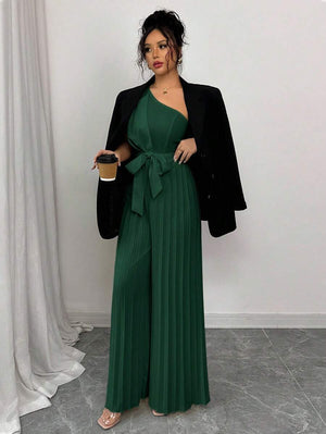 Jumpsuit Elegante Asimétrico Verde Plisado