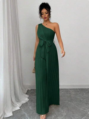 Jumpsuit Elegante Asimétrico Verde Plisado
