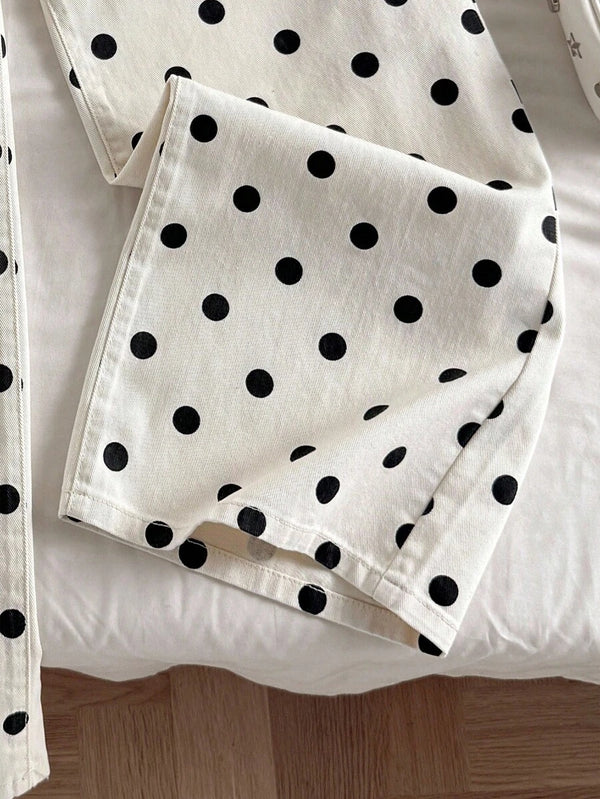 Pantalones Blancos de Lona con Lunares y Pierna Ancha