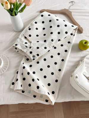 Pantalones Blancos de Lona con Lunares y Pierna Ancha