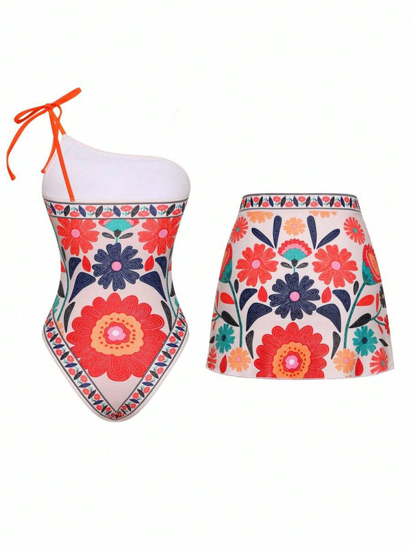 Traje de Baño Asimétrico con Falda Floral