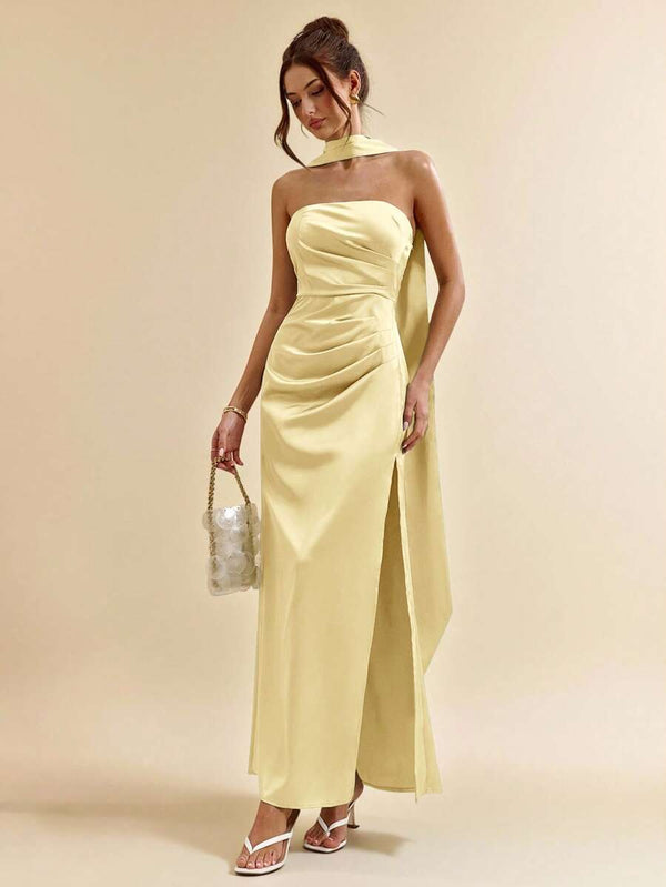 Vestido Largo Satinado Amarillo Con Cuello Halter