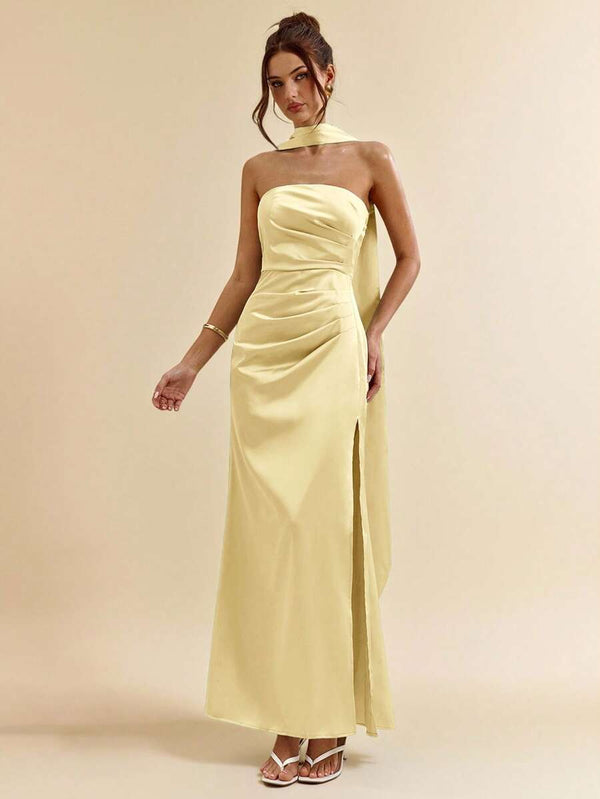 Vestido Largo Satinado Amarillo Con Cuello Halter