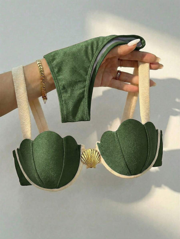 Bikini Push Up Verde Oliva Estilo Concha Marina