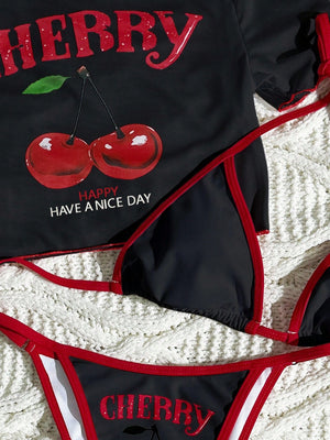 Detalle estampado cerezas bikini halter con camiseta Cherry 3 piezas multicolor