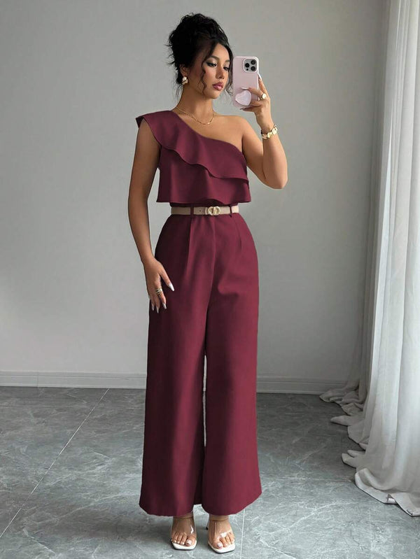 Jumpsuit Asimétrico Elegante Color Vino Con Volante