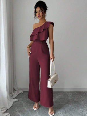 Jumpsuit Asimétrico Elegante Color Vino Con Volante