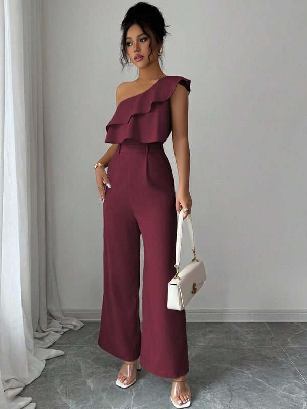 Jumpsuit Asimétrico Elegante Color Vino Con Volante