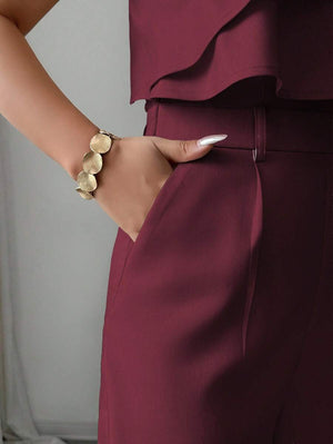 Jumpsuit Asimétrico Elegante Color Vino Con Volante