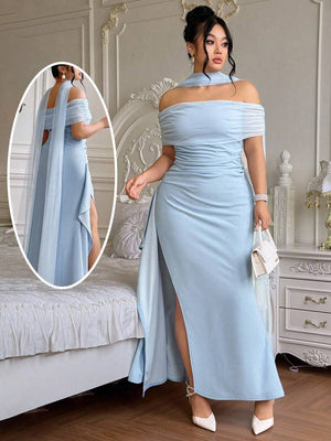 Vestido De Fiesta Celeste Con Hombros Descubiertos Y Abertura