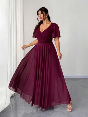 Vestido Largo Elegante Burdeos Con Escote en V