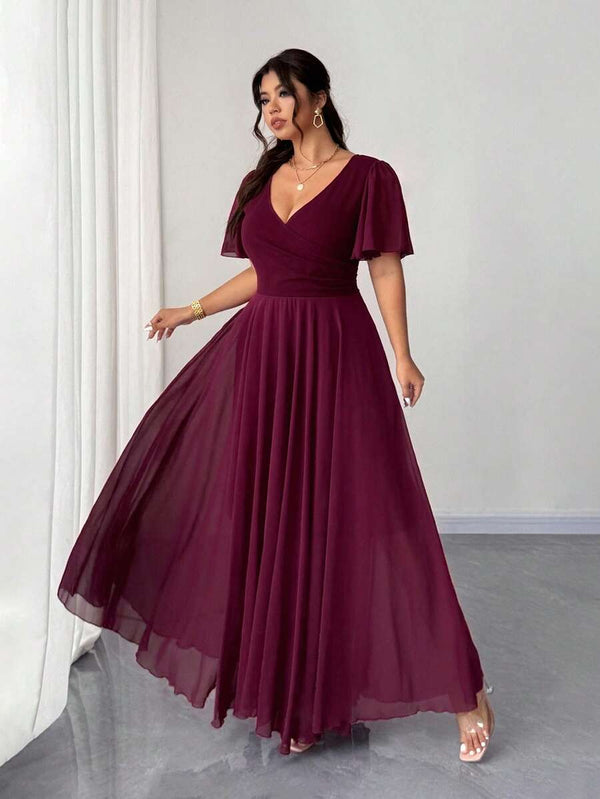 Vestido Largo Elegante Burdeos Con Escote en V