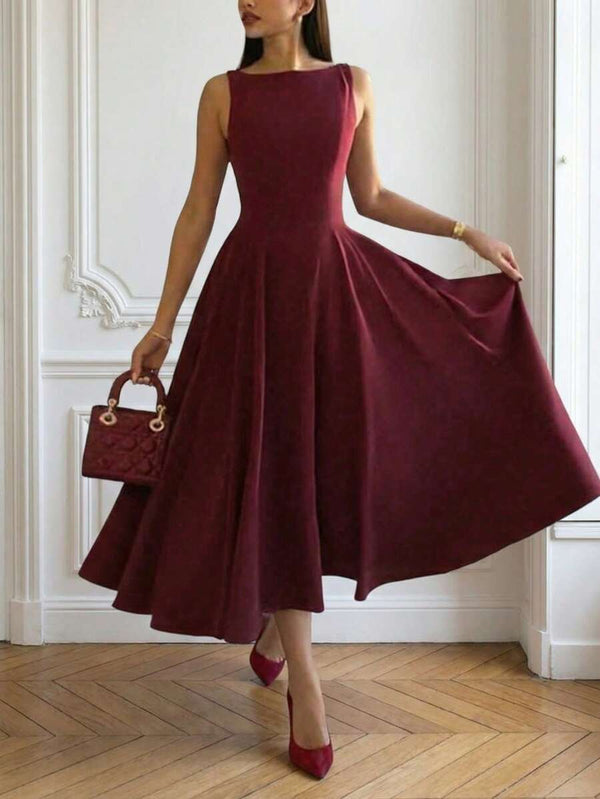 Vestido Midi Elegante Sin Mangas Color Vino