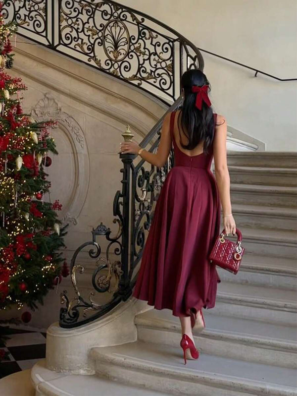 Vestido Midi Elegante Sin Mangas Color Vino