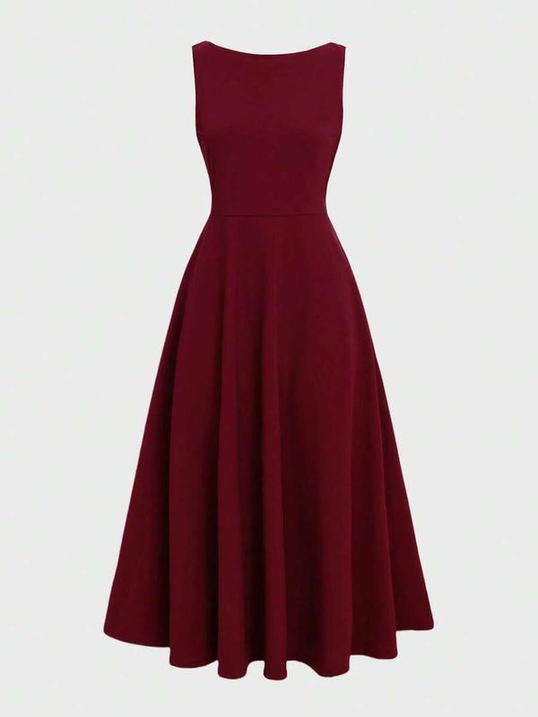 Vestido Midi Elegante Sin Mangas Color Vino