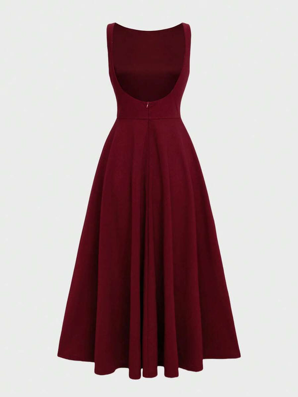 Vestido Midi Elegante Sin Mangas Color Vino