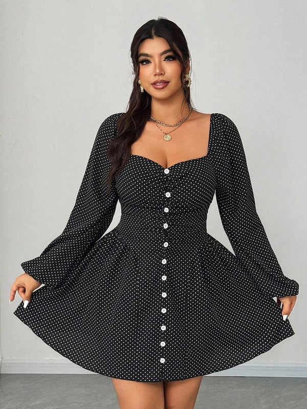 Vestido Negro Corto De Lunares Con Mangas Abullonadas