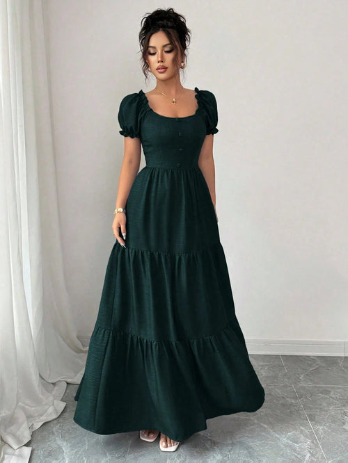 Vestido Largo Verde Oscuro A Línea vista frontal con escote cuadrado y manga farol.
