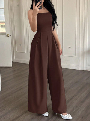 Enterizo marrón de tirantes pierna ancha casual elegante detalle cintura