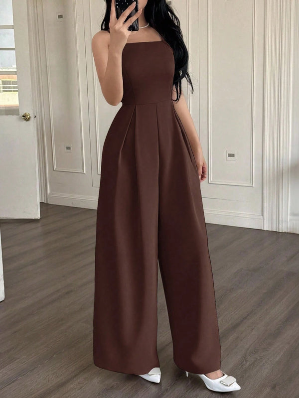 Enterizo marrón de tirantes pierna ancha casual elegante detalle cintura