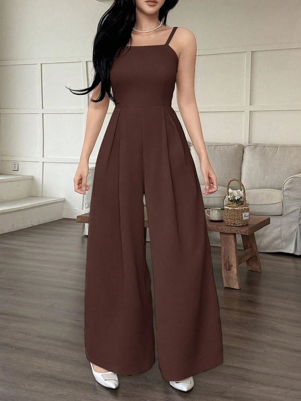 Enterizo marrón de tirantes pierna ancha casual elegante look completo