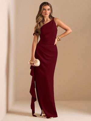 Vestido de Fiesta Asimétrico Burdeos Con Volante
