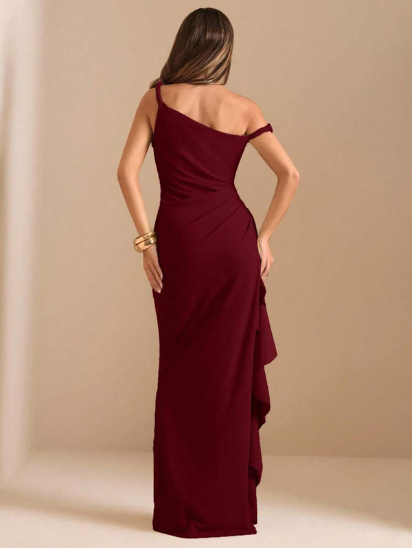 Vestido de Fiesta Asimétrico Burdeos Con Volante