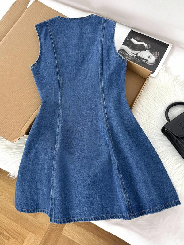 Detalle del cuello redondo y la parte superior del vestido de mezclilla azul sin mangas.