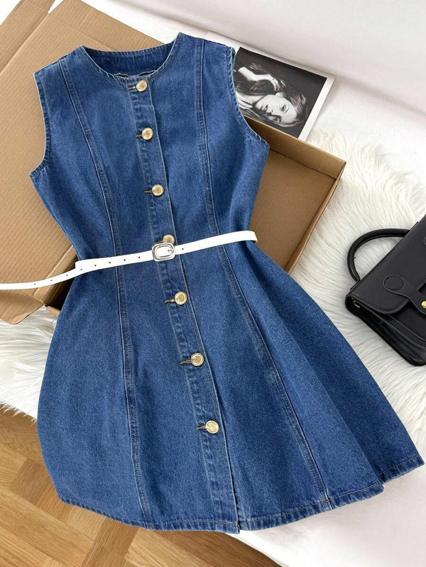 Vista de la falda acampanada del vestido de mezclilla con botones dorados.