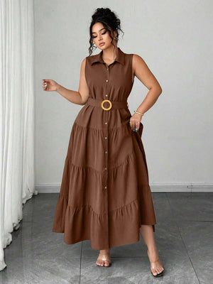 Vestido Camisero Maxi Con Cinturón Y Volantes Café